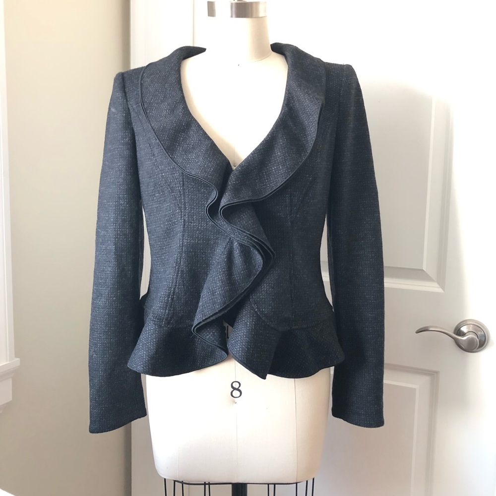 Armani Collezioni Ruffle Peplum Wool Grey Blazer Suit Jacket